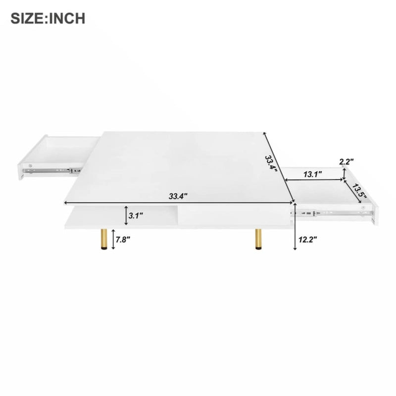 High Gloss Square Coffee Table with Gold Legs and 2 Hidden Drawers