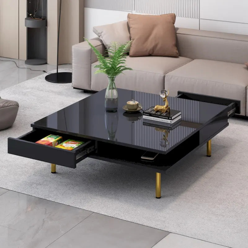 High Gloss Square Coffee Table with Gold Legs and 2 Hidden Drawers