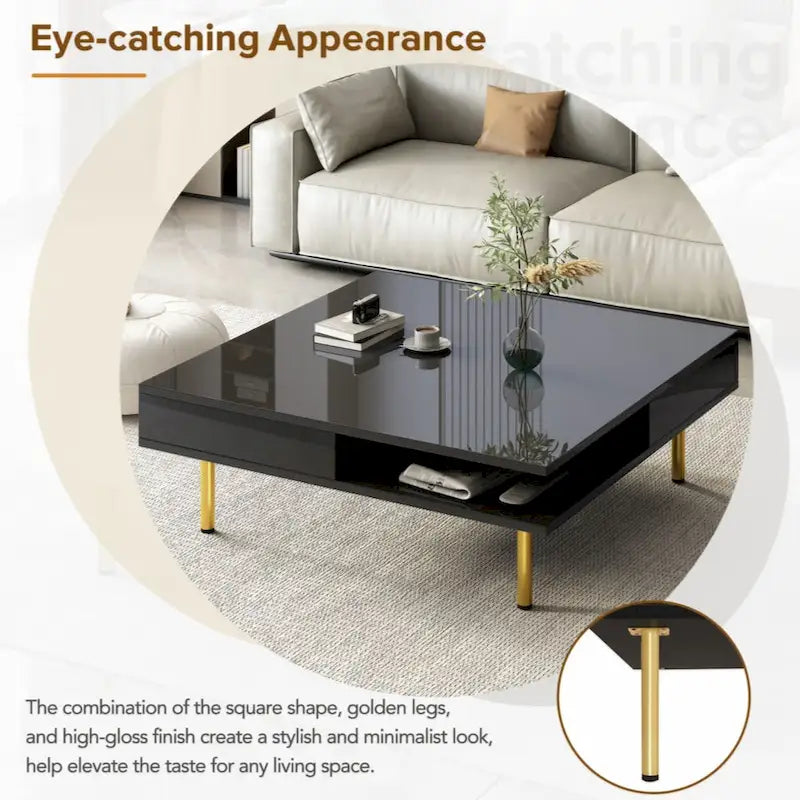 High Gloss Square Coffee Table with Gold Legs and 2 Hidden Drawers