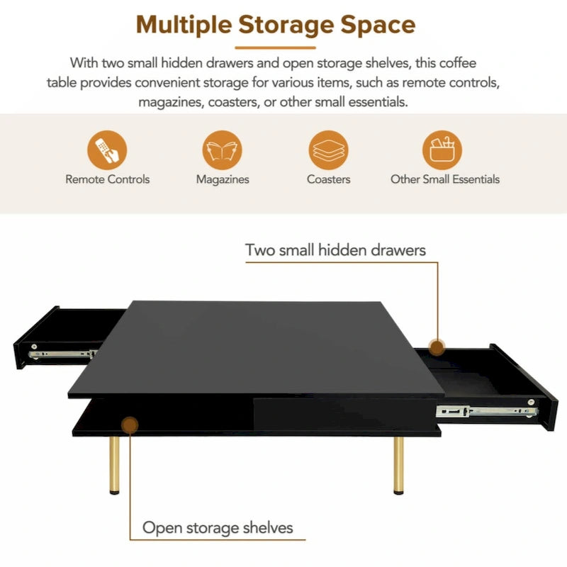 High Gloss Square Coffee Table with Gold Legs and 2 Hidden Drawers