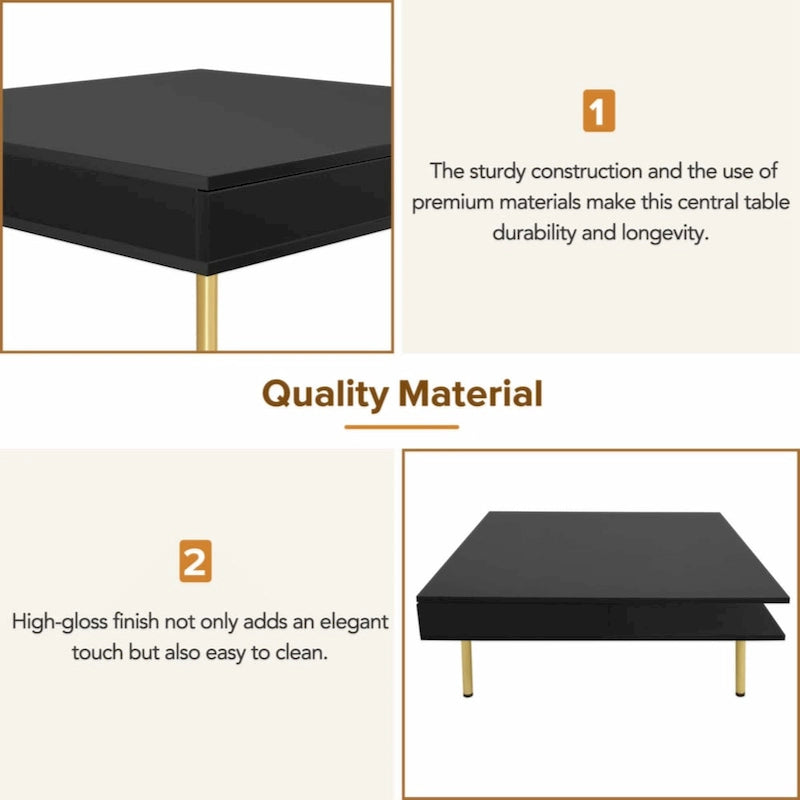 High Gloss Square Coffee Table with Gold Legs and 2 Hidden Drawers