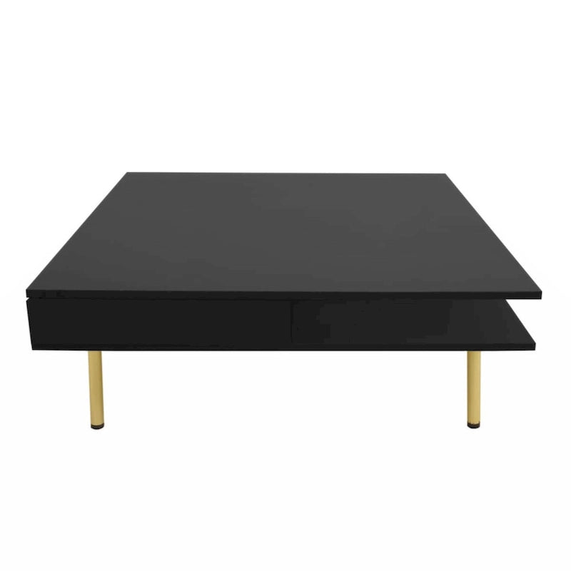 High Gloss Square Coffee Table with Gold Legs and 2 Hidden Drawers