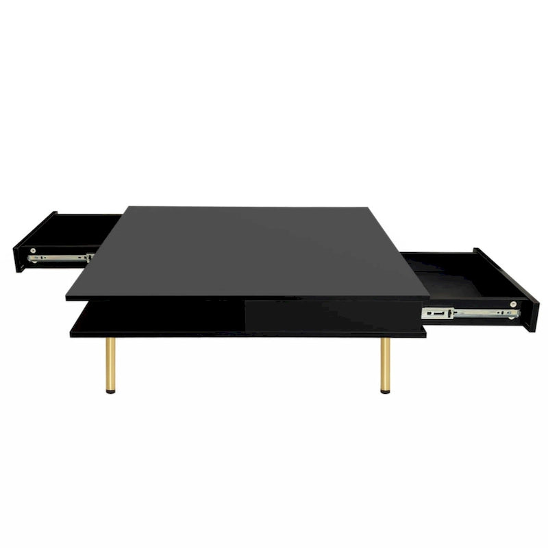 High Gloss Square Coffee Table with Gold Legs and 2 Hidden Drawers