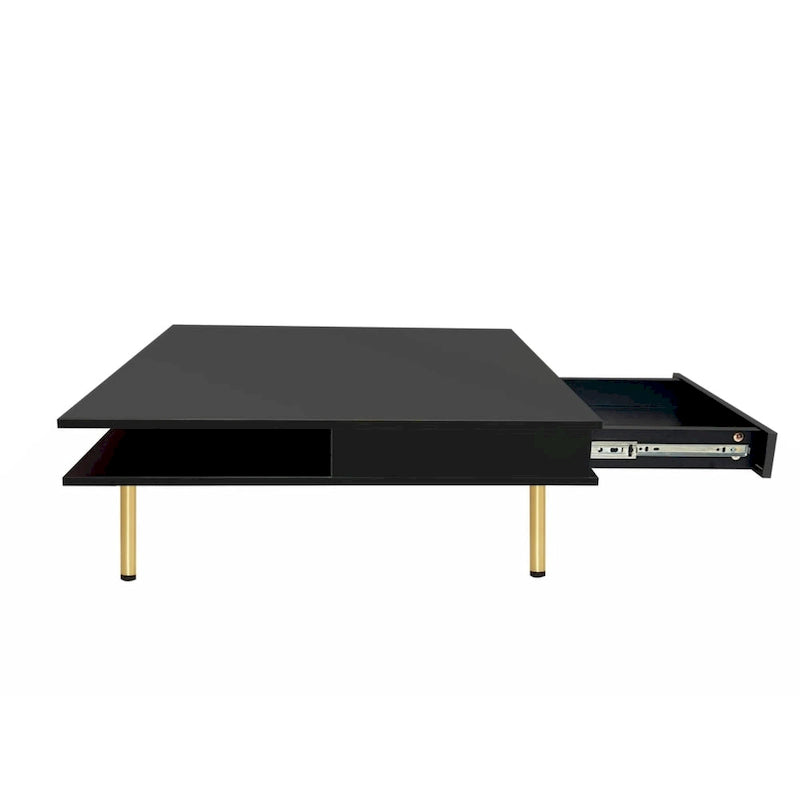 High Gloss Square Coffee Table with Gold Legs and 2 Hidden Drawers