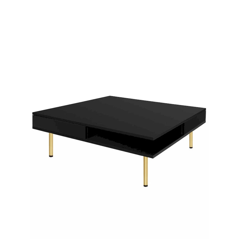 High Gloss Square Coffee Table with Gold Legs and 2 Hidden Drawers