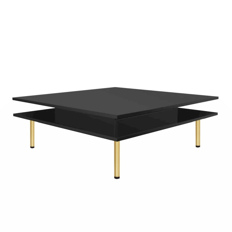 High Gloss Square Coffee Table with Gold Legs and 2 Hidden Drawers