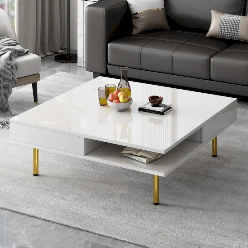 High Gloss Square Coffee Table with Gold Legs and 2 Hidden Drawers