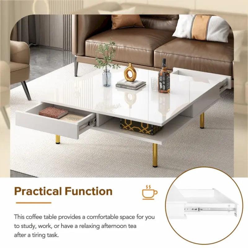 High Gloss Square Coffee Table with Gold Legs and 2 Hidden Drawers