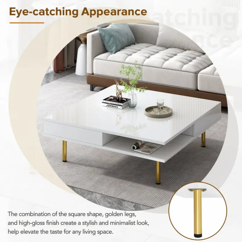 High Gloss Square Coffee Table with Gold Legs and 2 Hidden Drawers