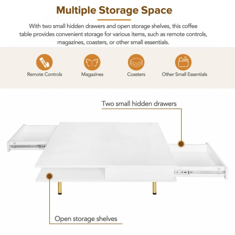 High Gloss Square Coffee Table with Gold Legs and 2 Hidden Drawers