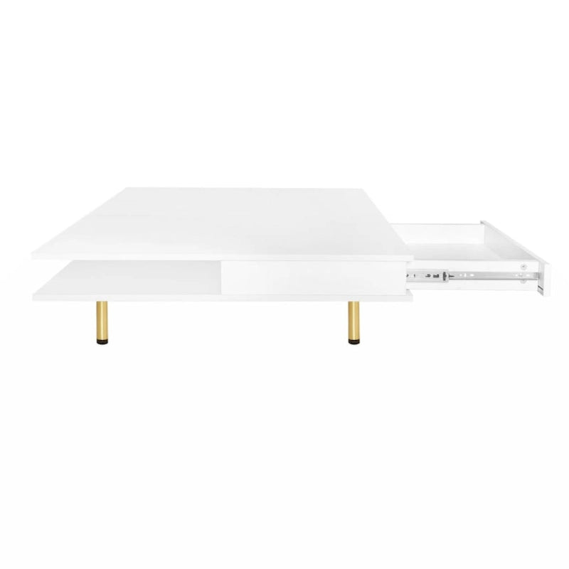 High Gloss Square Coffee Table with Gold Legs and 2 Hidden Drawers