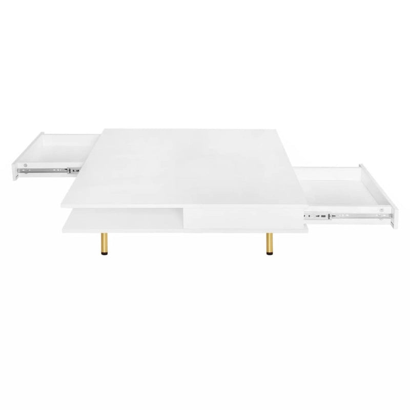 High Gloss Square Coffee Table with Gold Legs and 2 Hidden Drawers