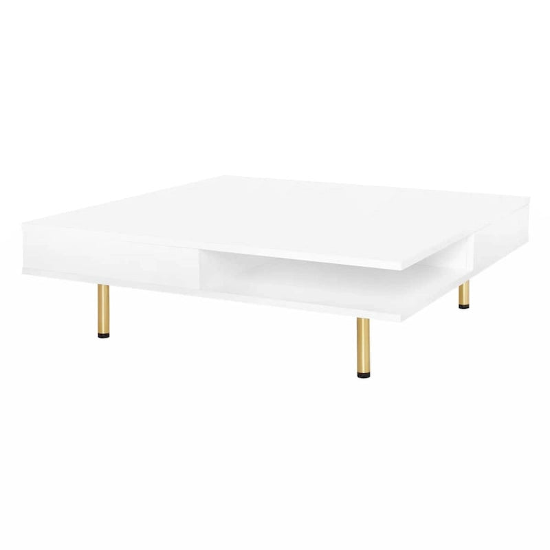 High Gloss Square Coffee Table with Gold Legs and 2 Hidden Drawers
