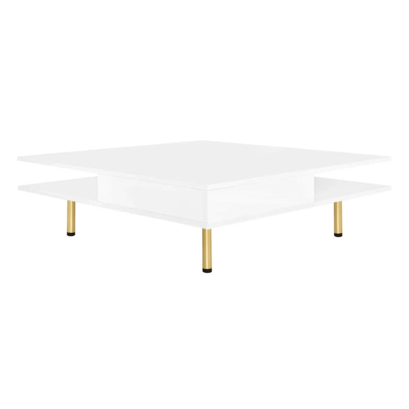 High Gloss Square Coffee Table with Gold Legs and 2 Hidden Drawers