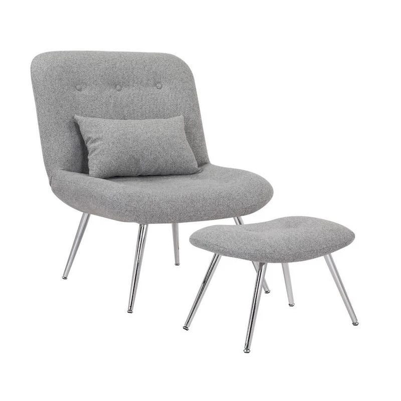 Modern Lounge Chair and Ottoman Set with Gray Woven Upholstery and Chrome Legs