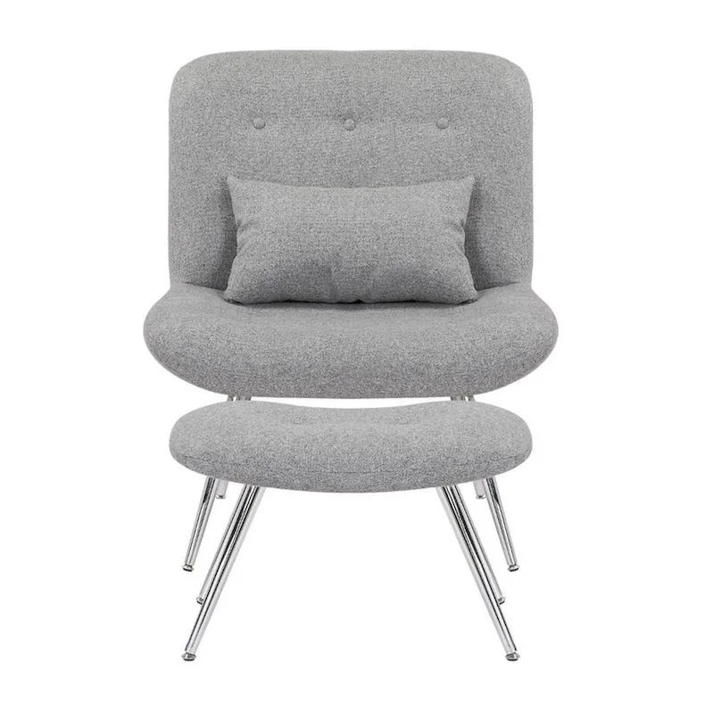 Modern Lounge Chair and Ottoman Set with Gray Woven Upholstery and Chrome Legs
