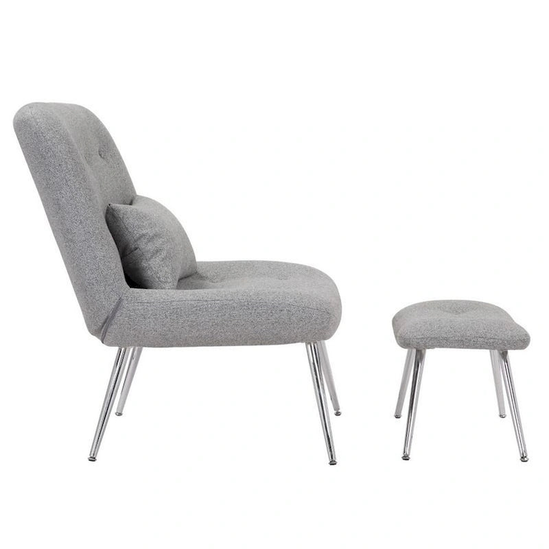 Modern Lounge Chair and Ottoman Set with Gray Woven Upholstery and Chrome Legs