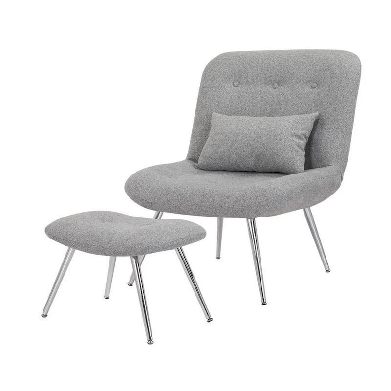 Modern Lounge Chair and Ottoman Set with Gray Woven Upholstery and Chrome Legs