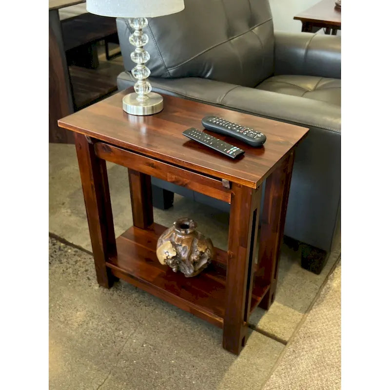 Solid Acacia Wood Arts & Crafts End Table with Lower Shelf and Adjustable Feet