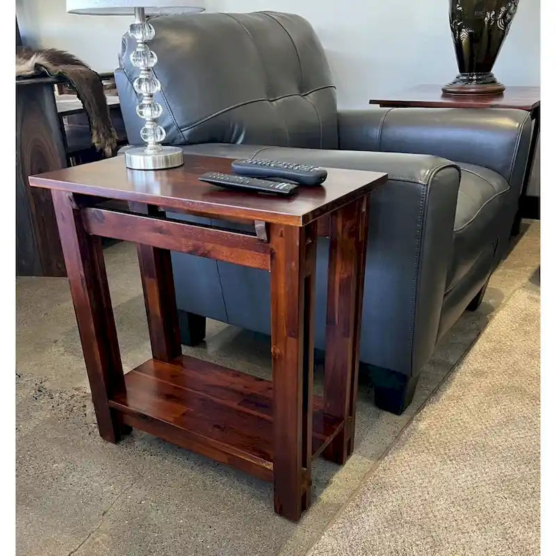 Solid Acacia Wood Arts & Crafts End Table with Lower Shelf and Adjustable Feet