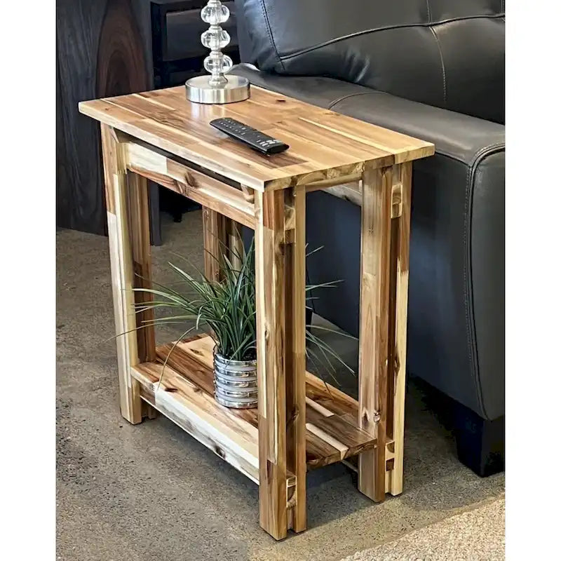 Solid Acacia Wood Arts & Crafts End Table with Lower Shelf and Adjustable Feet
