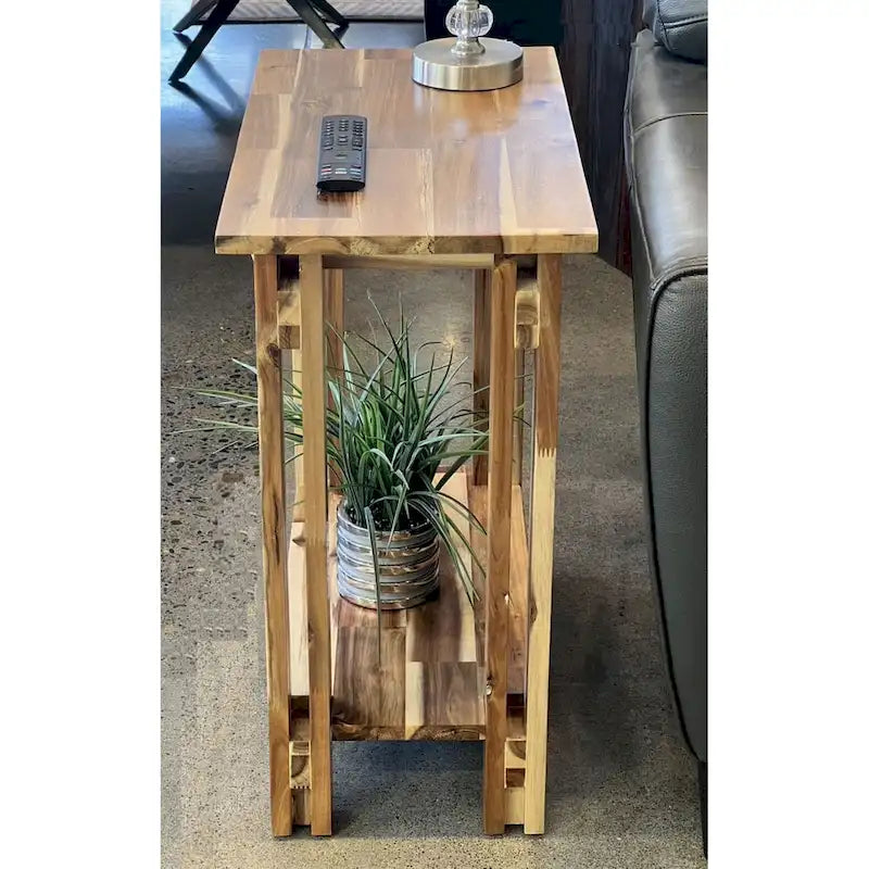 Solid Acacia Wood Arts & Crafts End Table with Lower Shelf and Adjustable Feet