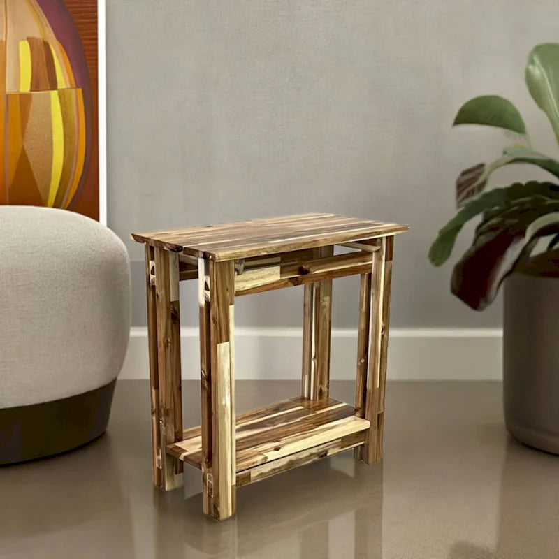 Solid Acacia Wood Arts & Crafts End Table with Lower Shelf and Adjustable Feet