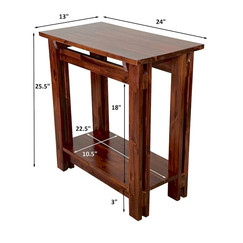 Solid Acacia Wood Arts & Crafts End Table with Lower Shelf and Adjustable Feet