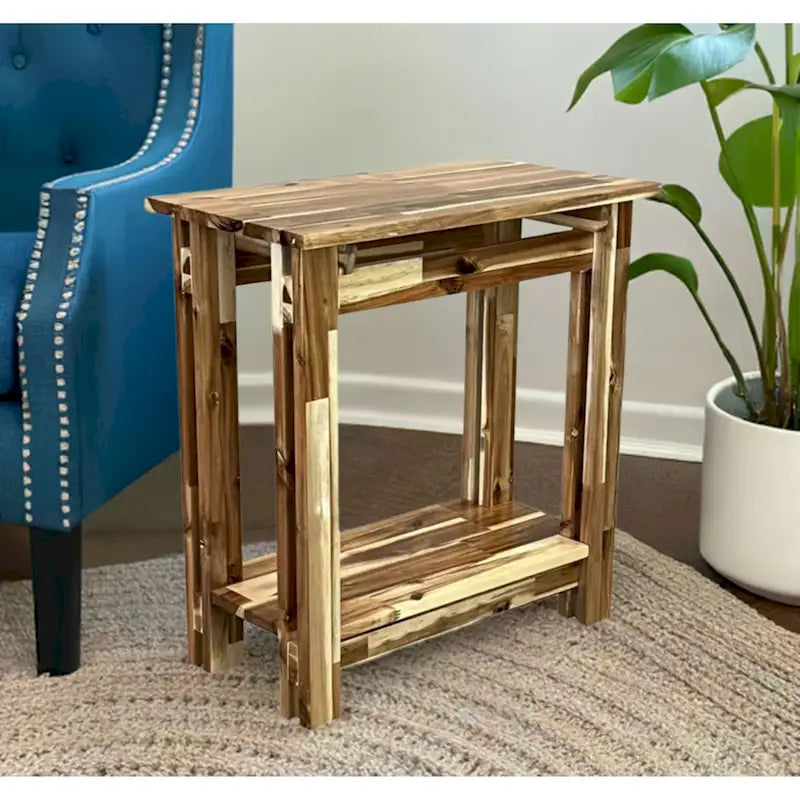 Solid Acacia Wood Arts & Crafts End Table with Lower Shelf and Adjustable Feet