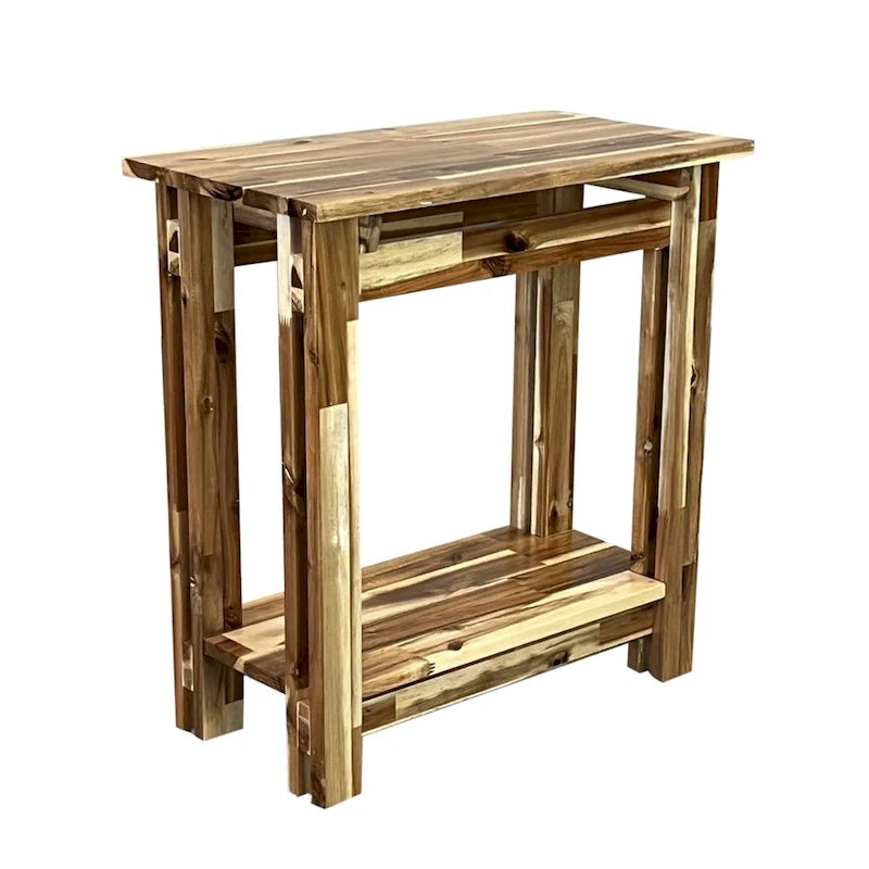 Solid Acacia Wood Arts & Crafts End Table with Lower Shelf and Adjustable Feet