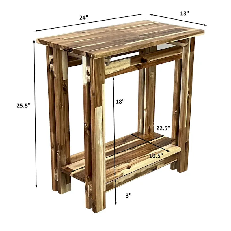 Solid Acacia Wood Arts & Crafts End Table with Lower Shelf and Adjustable Feet