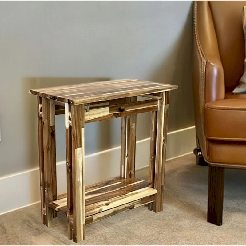 Solid Acacia Wood Arts & Crafts End Table with Lower Shelf and Adjustable Feet
