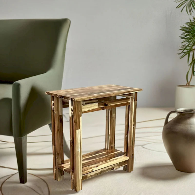 Solid Acacia Wood Arts & Crafts End Table with Lower Shelf and Adjustable Feet