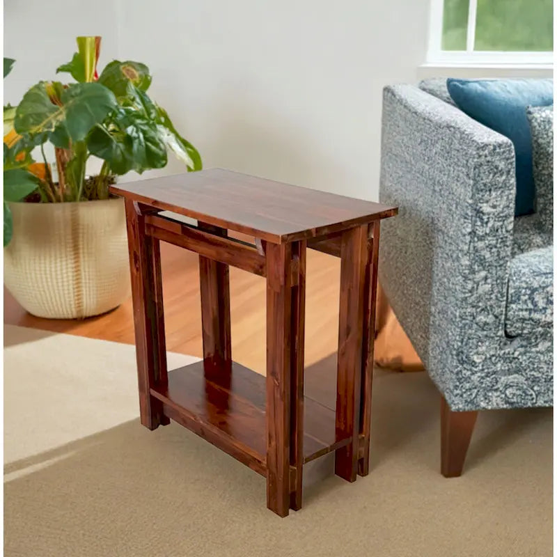 Solid Acacia Wood Arts & Crafts End Table with Lower Shelf and Adjustable Feet