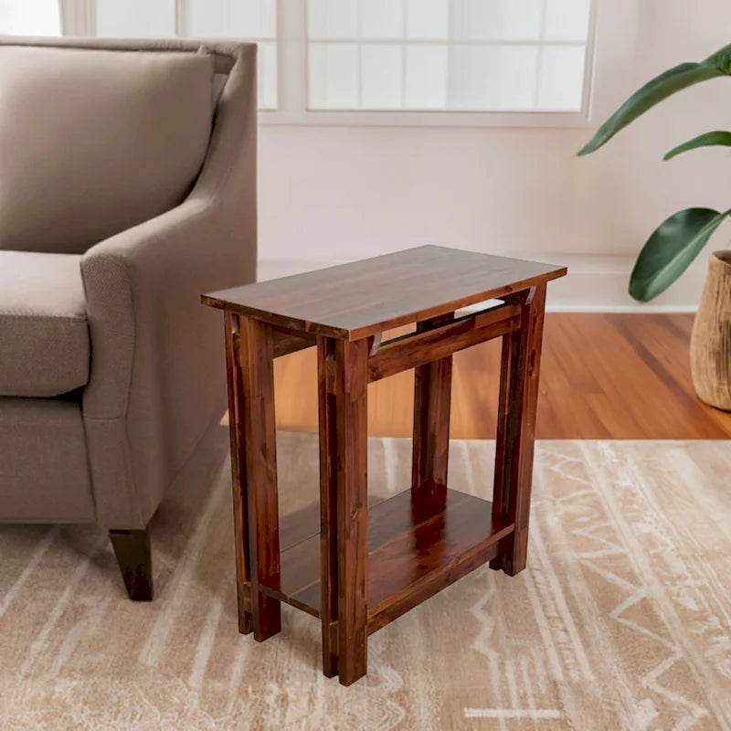 Solid Acacia Wood Arts & Crafts End Table with Lower Shelf and Adjustable Feet