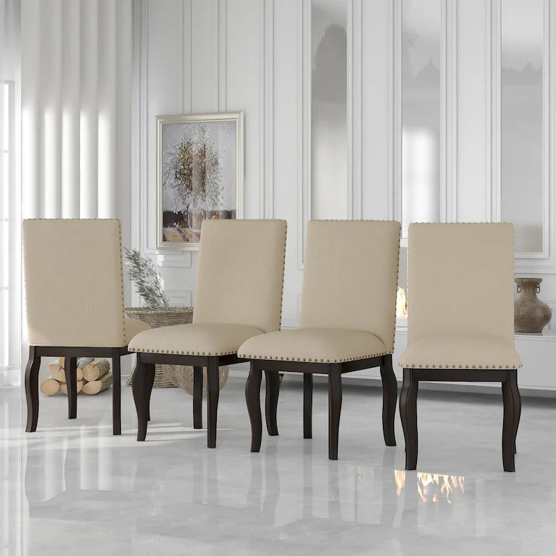 Upholstered Fabric Dining Room Chairs with Nailhead Trim and Curved Legs, Set of 4