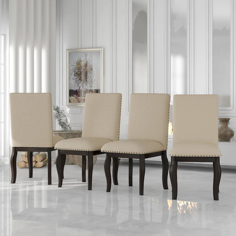 Upholstered Fabric Dining Room Chairs with Nailhead Trim and Curved Legs, Set of 4
