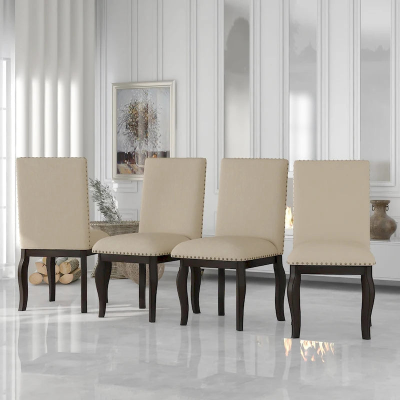Upholstered Fabric Dining Room Chairs with Nailhead Trim and Curved Legs, Set of 4