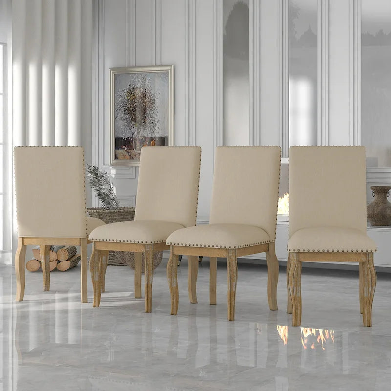 Upholstered Fabric Dining Room Chairs with Nailhead Trim and Curved Legs, Set of 4