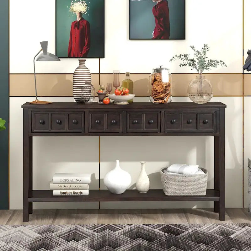 Rustic Entryway Console Table with Drawers and Bottom Shelf