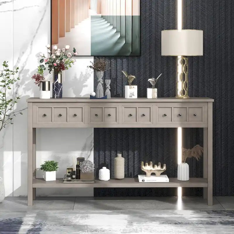 Rustic Entryway Console Table with Drawers and Bottom Shelf