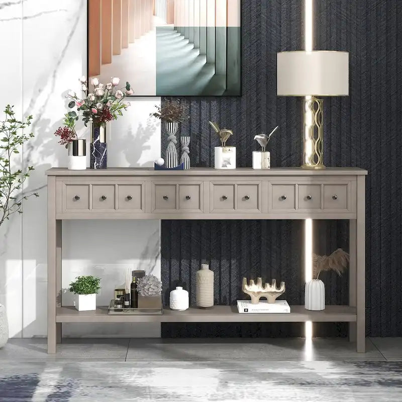 Rustic Entryway Console Table with Drawers and Bottom Shelf