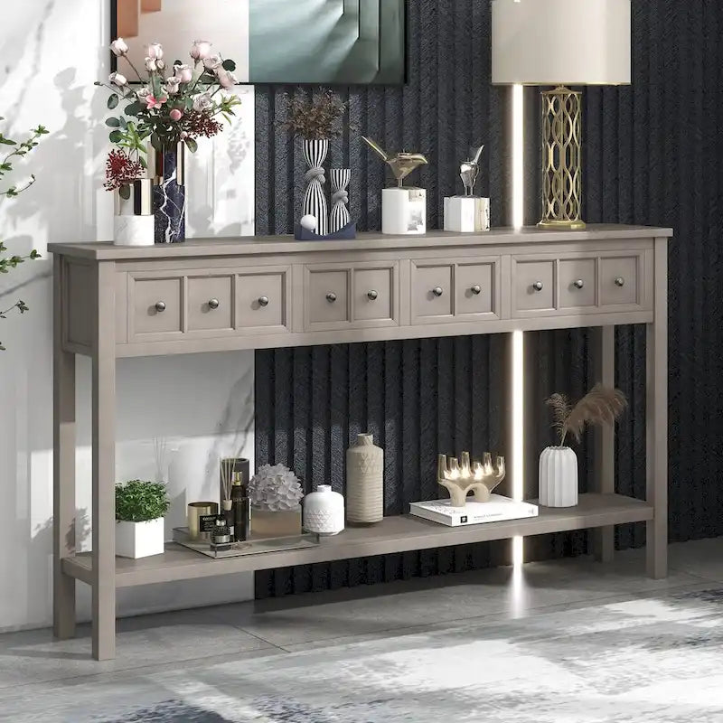 Rustic Entryway Console Table with Drawers and Bottom Shelf