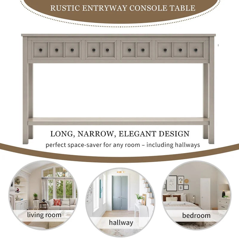 Rustic Entryway Console Table with Drawers and Bottom Shelf