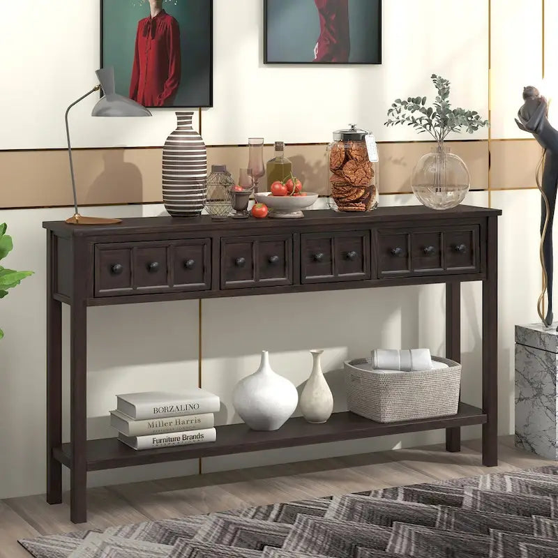 Rustic Entryway Console Table with Drawers and Bottom Shelf