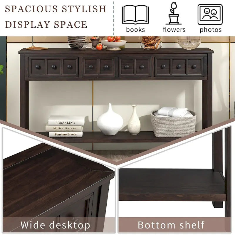 Rustic Entryway Console Table with Drawers and Bottom Shelf