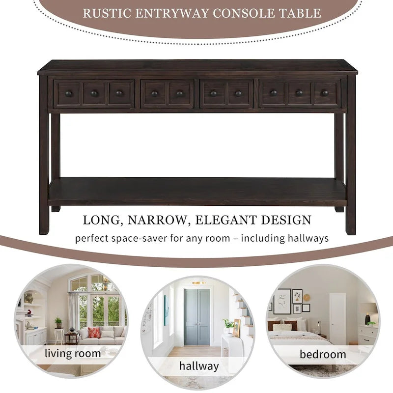 Rustic Entryway Console Table with Drawers and Bottom Shelf