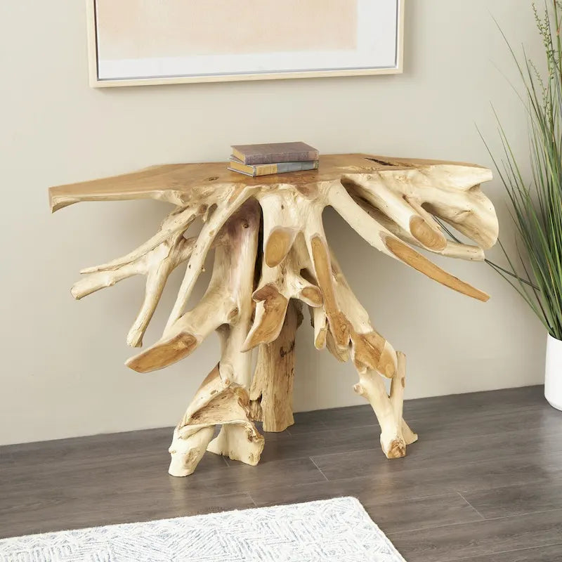 Teak Wood Handmade Live Edge Tree Trunk Console Table, Brown