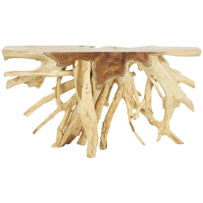 Teak Wood Handmade Live Edge Tree Trunk Console Table, Brown