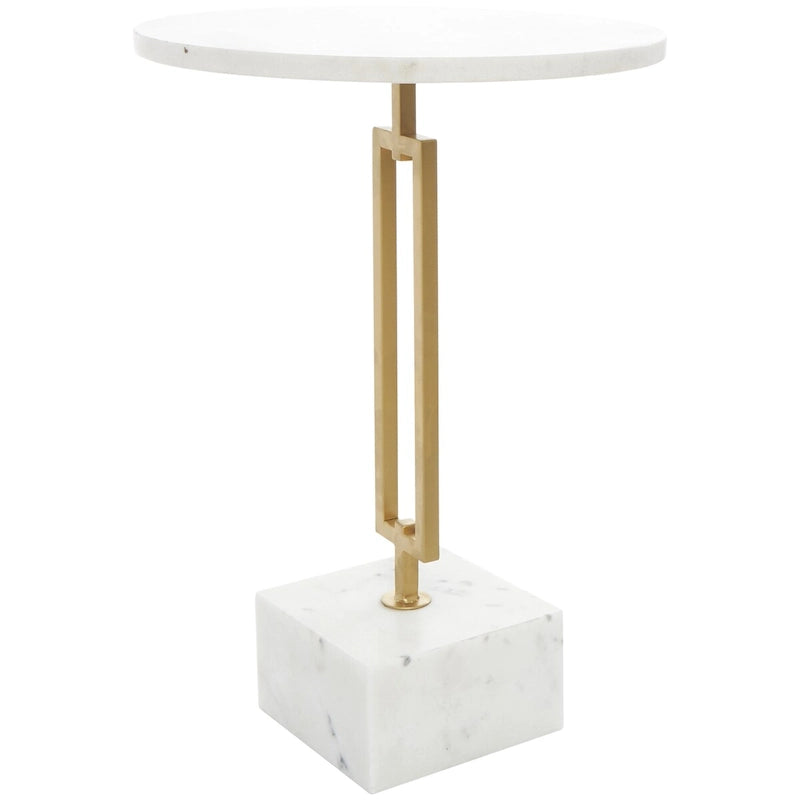 White Marble Round Accent Side Table with Gold Metal Stand, 15.65"x 22.6"H